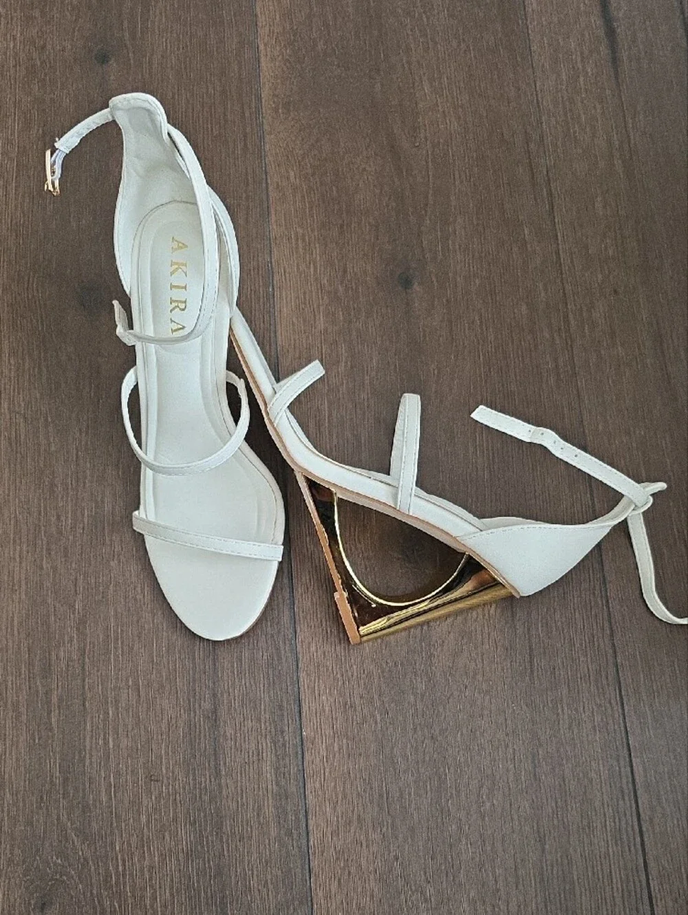 AKIRA White Strappy Slingback Heels with Gold Sculpted Heel